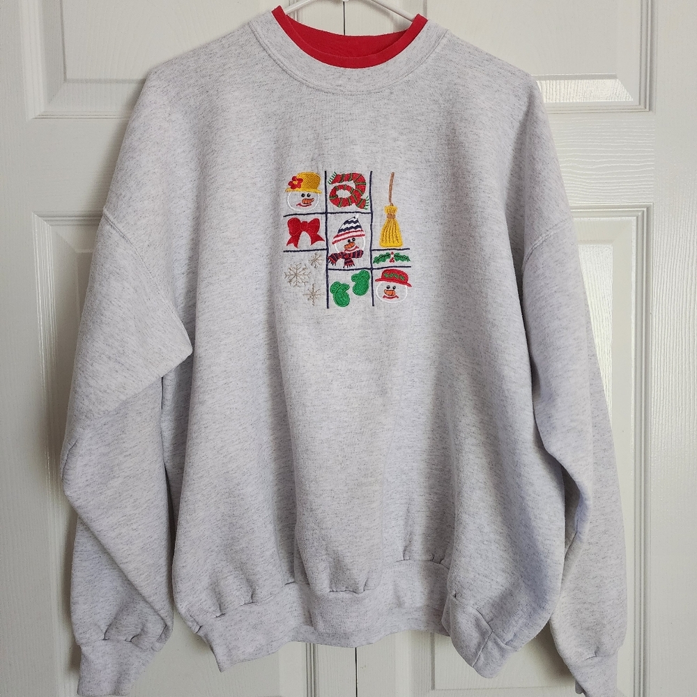 Vintage 90's M&C Energy Gray Snowman Embroidery Stitching Grandma Sweatshirt, XL
